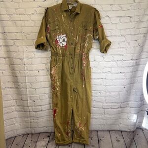 Upcycled Jumpsuit Dolly Inspired Pink Portrait Art Utility Coveralls Boho Medium